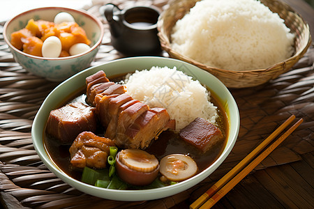 新鲜的酱油肉和米饭图片