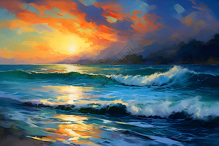 夕阳余晖映照下的海滩美景图片