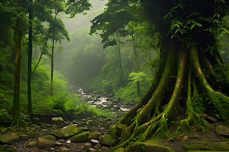 棕榈树森林翠绿森林中的小溪背景