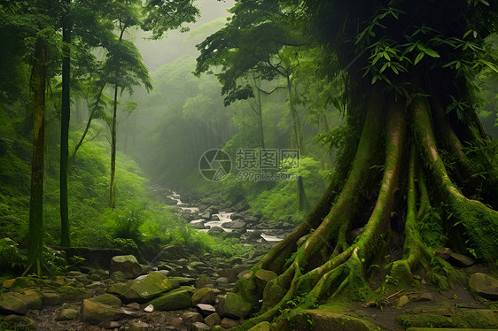 翠绿森林中的小溪图片