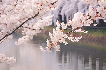 樱花飘落樱花桥畔背景