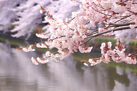 粉色花树与河流图片