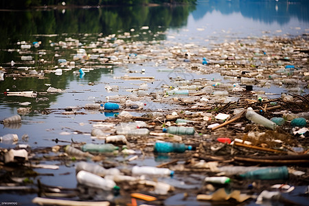 塑料污染的河面图片