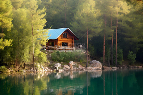 湖畔自然的小屋图片
