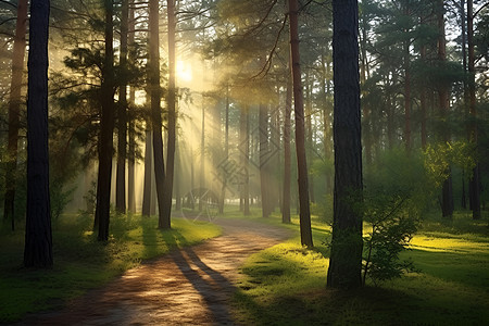 阳光照耀的森林小径图片