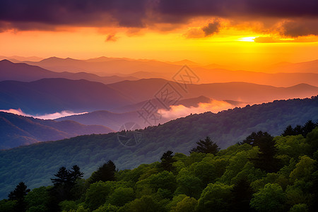 夕阳山林的美景图片