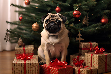圣诞礼物中的狗狗背景图片