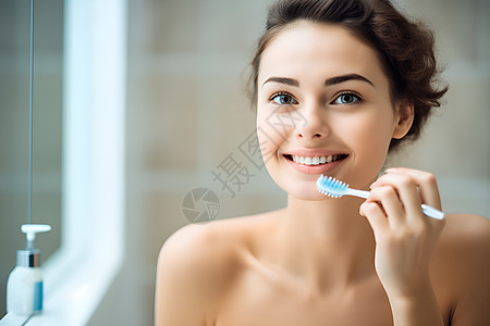 卫生间刷牙的女人高清图片
