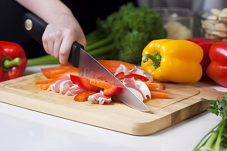 砧板上切菜的刀背景图片