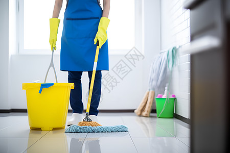 家庭清洁一位穿着蓝色围裙的清洁工背景