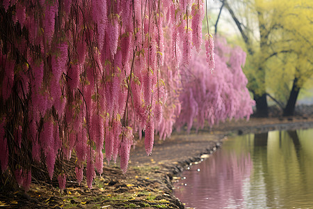 水边粉色花朵盛开背景图片