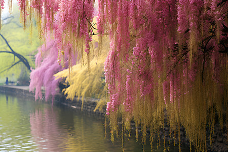 河塘边紫花盛开图片