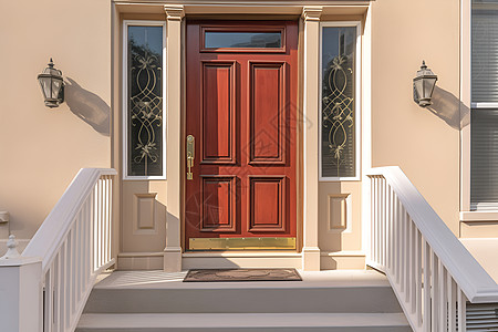 门口装饰红门房子前的楼梯背景