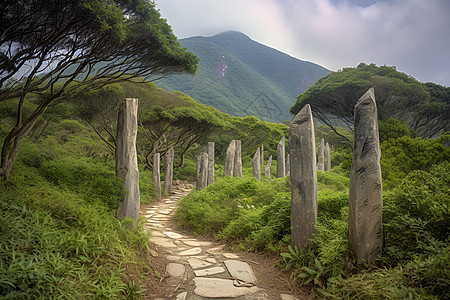 草地间的石路图片