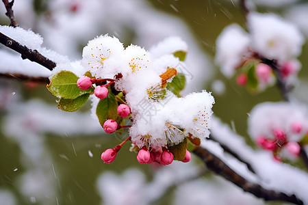 冬日雪花下的粉色花朵图片