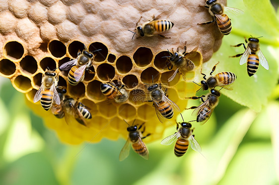 蜂巢周围的蜜蜂图片