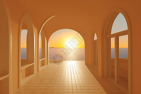 日落下的拱形窗户图片