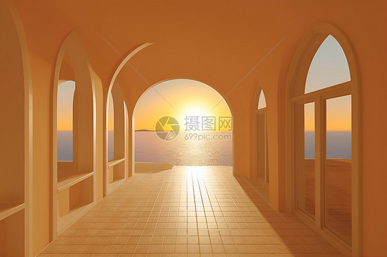 日落下的拱形窗户图片