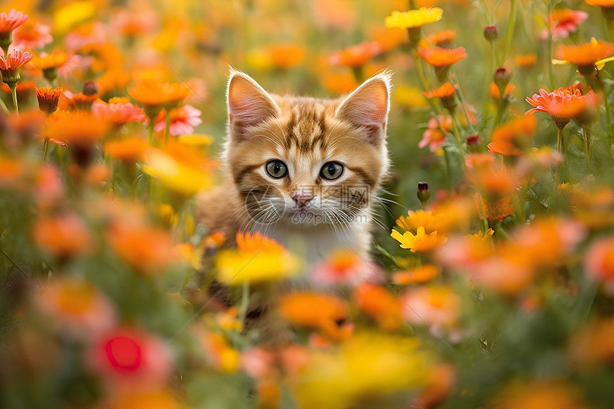 花海中的顽皮小猫图片