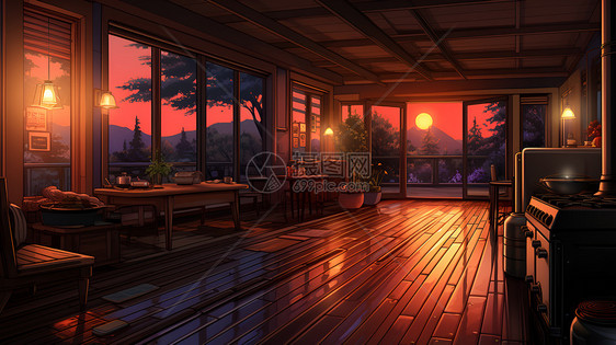 夕阳照射的客厅图片