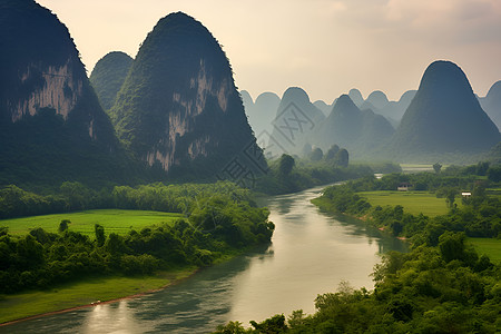 桂林水墨溪流贯穿山脉背景