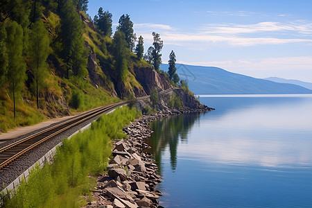 湖畔铁路壮丽的自然风光图片