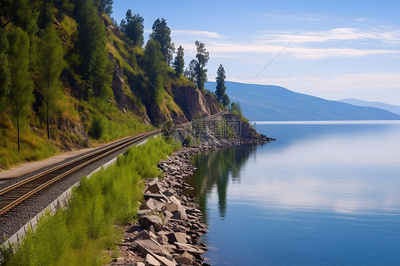 湖畔铁路壮丽的自然风光图片
