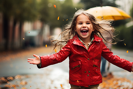 小女孩在雨中奔跑图片