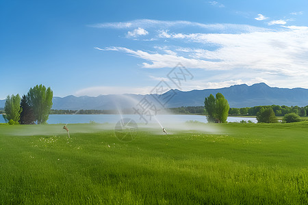 草坪旁的湖水图片