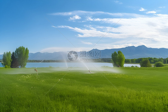 草坪旁的湖水图片