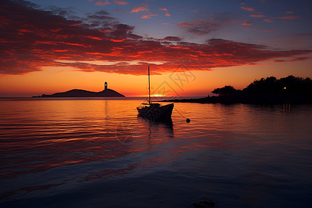 夕阳中的船和灯塔图片