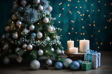 圣诞树与烛光礼物图片