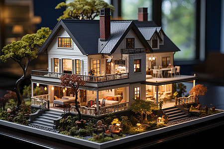 桌子上的工艺房屋模型背景图片