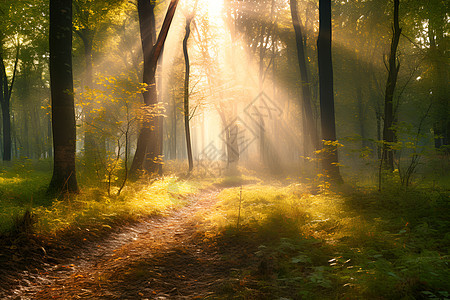 阳光照在森林中图片