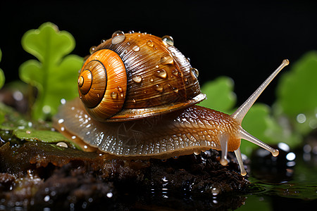 雨天水珠淋湿的蜗牛背景