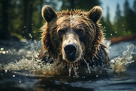 湖水里的熊在游泳图片