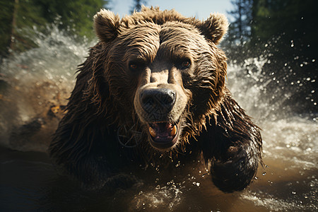 熊张着嘴在水中奔跑背景图片