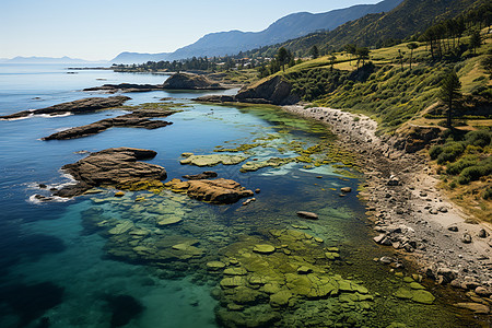 东方绿洲海岸边的绿色山脉背景