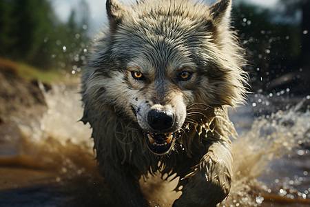 狼奔跑于河流中图片
