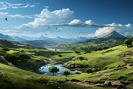 蓝天白云下的山谷背景图片