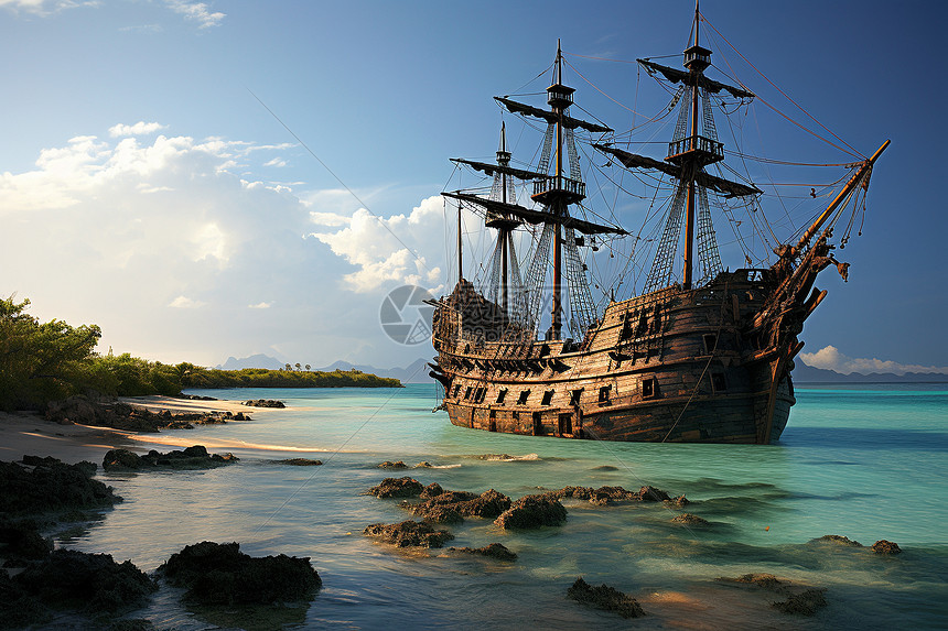 搁浅的海盗船图片