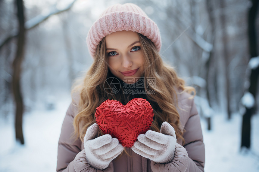 雪地里的捧爱心的女士图片