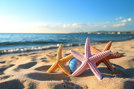 沙滩上有两只海星背景图片
