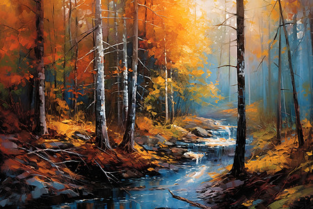 自然森林溪流油画背景图片