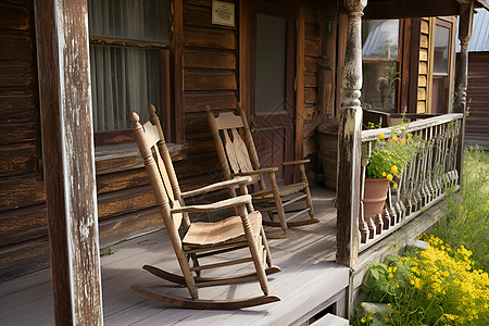 门口的木质椅子背景图片