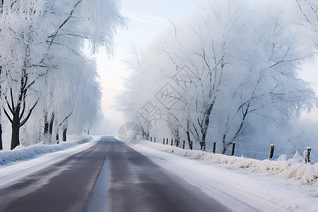 白雪道路户外树木上的白雪背景