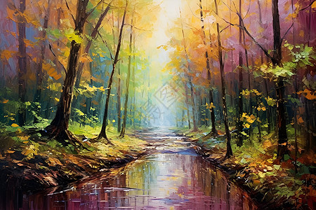 油画的森林溪流图片