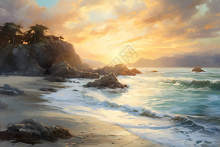 日落下的礁石海滩背景图片
