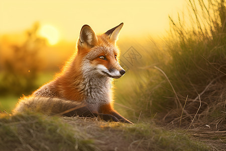 在草地中坐着的狐狸图片