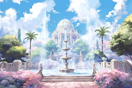梦幻的城市建筑喷泉背景图片